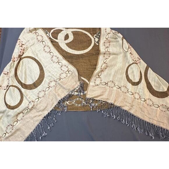 Reversible Pashmina Silk Blend Scarf Wrap Shawl Brown Beige Circle Print 74”x28 - Picture 3 of 6
